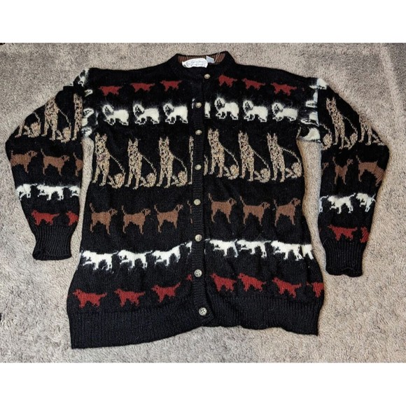 Vintage Jayson Dog Shetland Wool Cardigan Sweater Size Medium Pockets Dogs - Picture 1 of 4